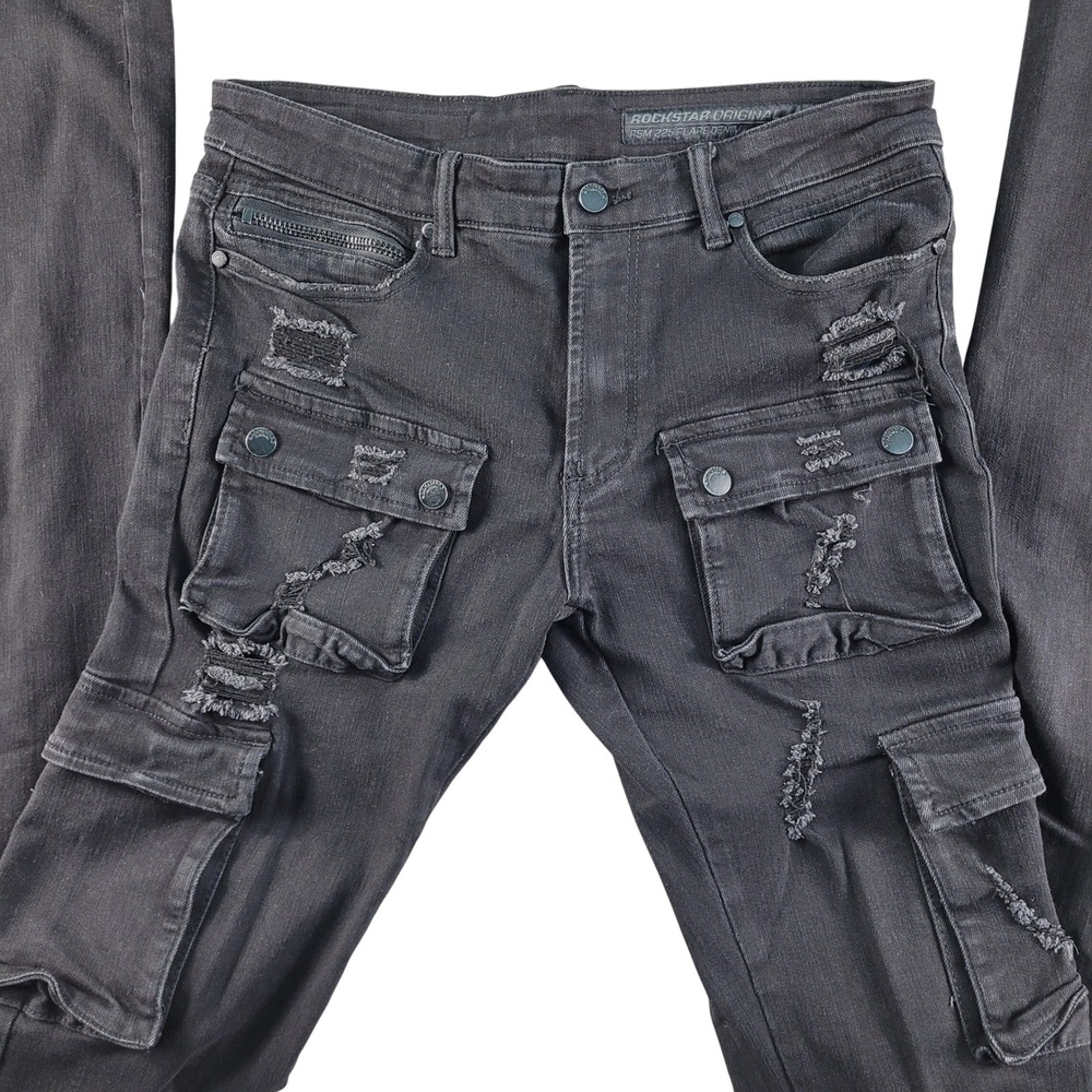 Rockstar Original Flare Jeans Men's 34x43 Black RSM 225 Zaire Cargo Distressed